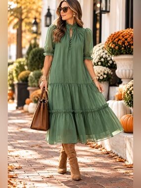 NWOT Tuckernuck Pomander Place Green Chiffon Selena Midi Dress (MSRP $168) Small